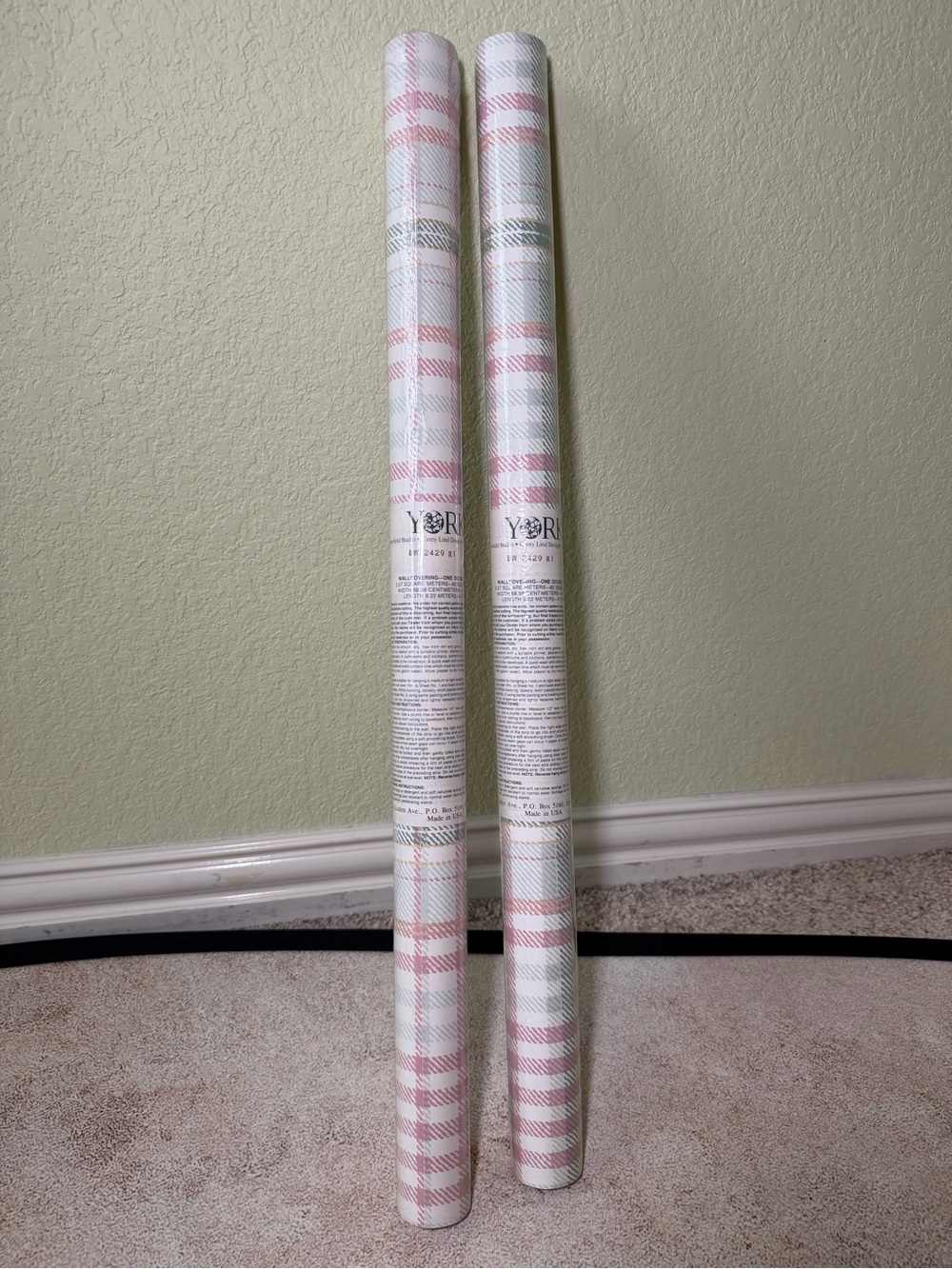 York Wallpaper Rolls in Pink, Mint, Dark Green and Gold Plaid